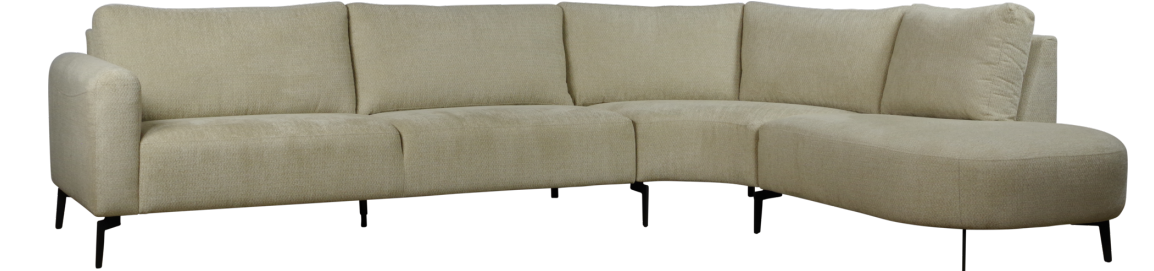 Afgeronde naturel modulaire hoekbank met zachte zit en losse rugkussens, moderne uitstraling en comfortabel design in stof.