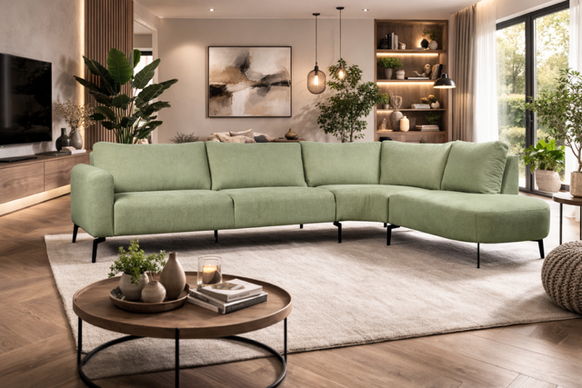 Afgeronde modulaire hoekbank met zachte zit en losse rugkussens, moderne luxe uitstraling en comfortabel design in groene stof.