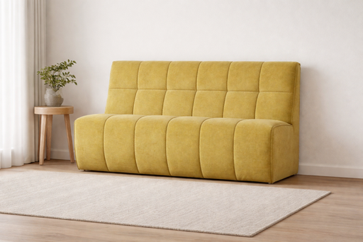 Witte comfortable eetbank met een hoge rug en dicht tot de grond, met blokken patroon