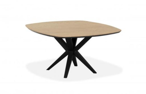 Eettafel deens vierkant 120 cm, licht eiken look blad met zwarte spinpoot.