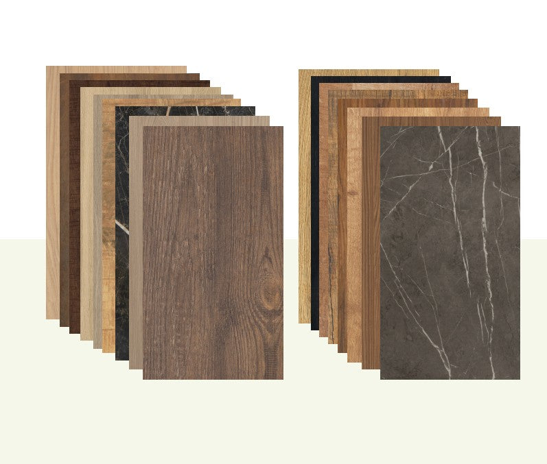 Lamulux stalen, hout-look licht en donker maar ook marmer look.