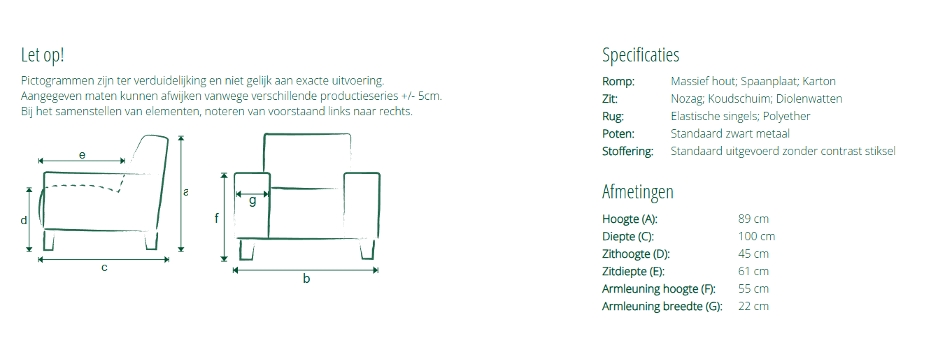 Gecapitonneerde retro hoekbank ‘Nienke’ met modulaire elementen afmetingen.
