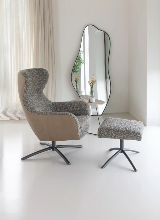 Draaifauteuil Layla met hocker in combi lederen buitenkant en stoffen zitting grijs - Bree's New World