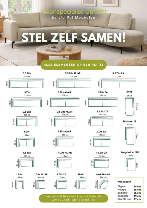 Stel zelf je modulaire afgeronde hoekbank samen, alle elementen op een rijtje.