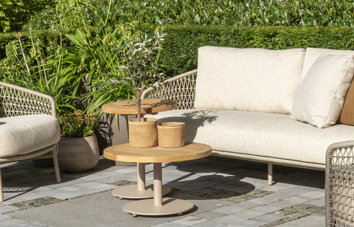 Volta-60cm 45-salontafel-buiten-tuinmeubelen-licht-hout-latte-beigepoot-rond-4seasonsoutdoor-vandepol-buitentafel-beige-teak