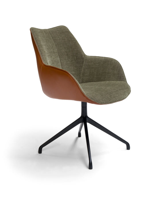 draaibare eetkamerstoel met duobekleding bruin leer met groene stof