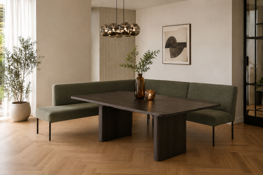 eettafel hoekbank met open eiland clare te zien in showroom