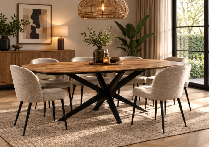 lamulux mango hout uitschuiftafel deens ovaal vera te zien in showroom