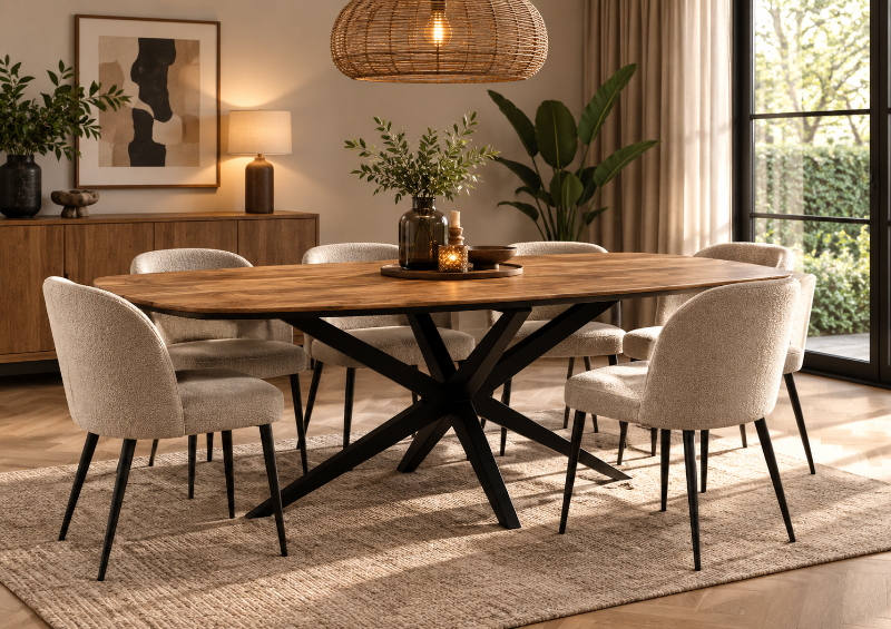 lamulux mango hout uitschuiftafel deens ovaal vera te zien in showroom