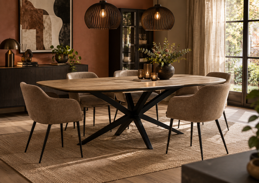 mooie deens ovale uitschuiftafel vera in houtlook te zien in showroom