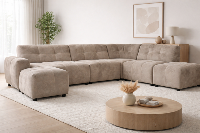 Lounge u bank Penn, zelf samen te stellen met veel keuze in stof of leer, getoond in taupe kleur met hocker