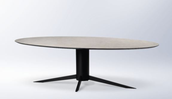 Ovalen design eettafel met hpl blad en zwart metalen poot