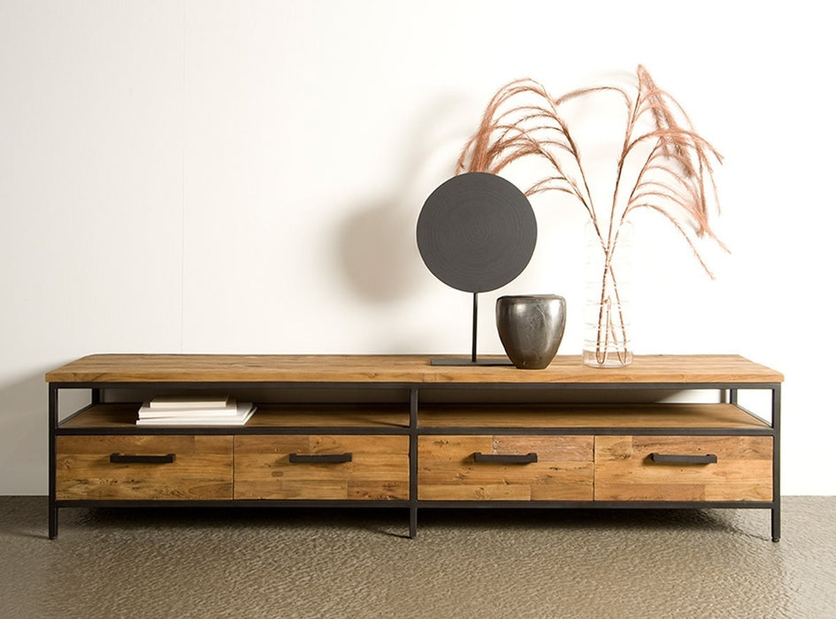 towerliving livorno-tv-meubel-200-cm-teakhout-metalen-frame korting