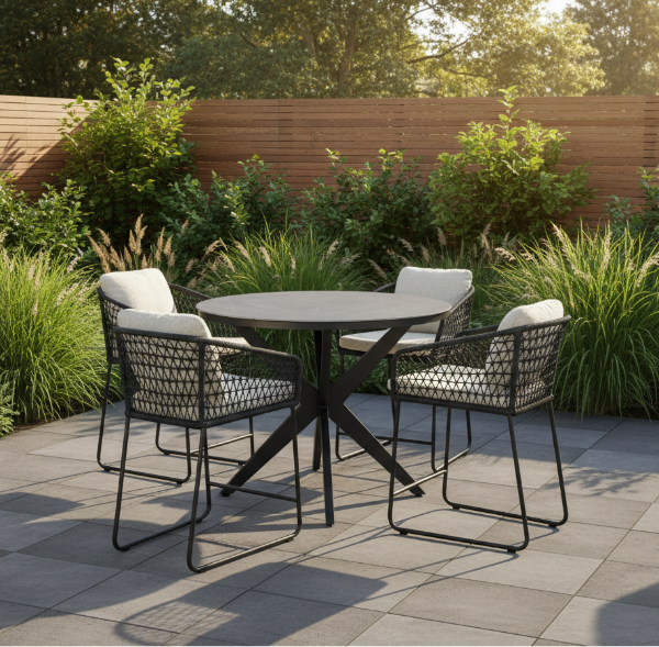 zwarte barset bara barstoel voor buiten en calma high dining table black slate Yoi Furniture